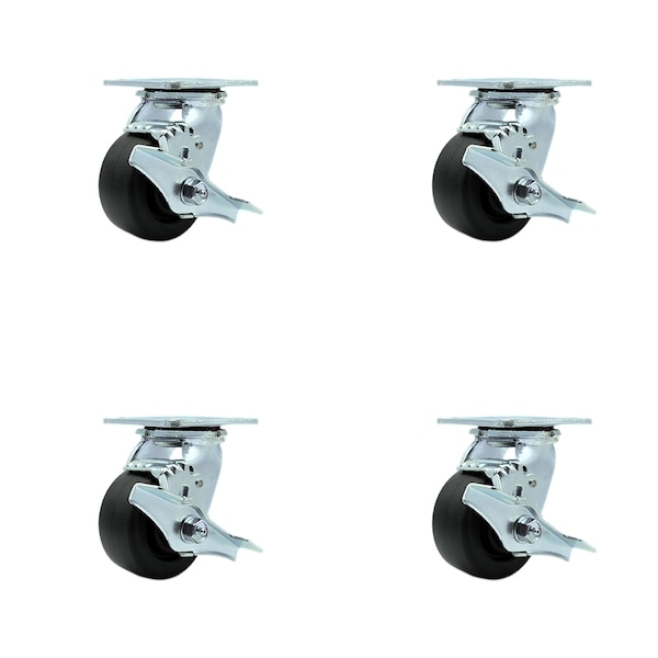 4 Inch Polyolefin Swivel Caster Set with Ball Bearings and Brakes